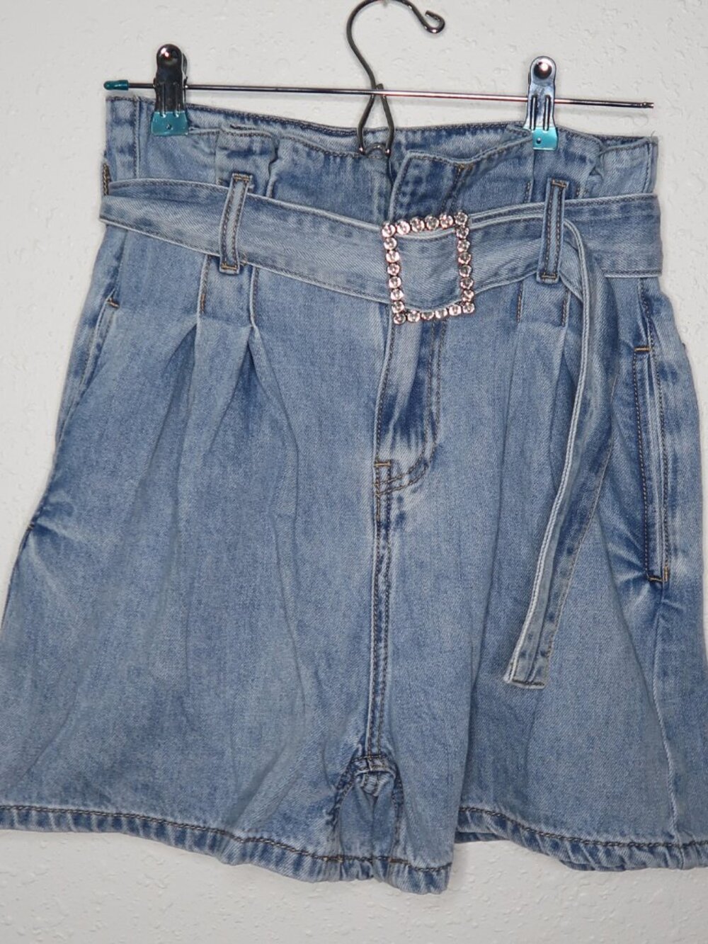 Urban Revivo Light Wash Denim High Waisted Shorts With Rhinestone Buckle Belt